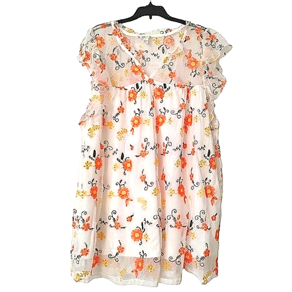 Cottage Core Embroidered Mesh Floral Overlay Ruffle Sleeves V-Neck Blouse 24W